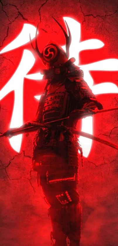 Samurai warrior in red glow on cracked background.