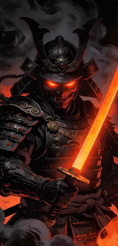 Samurai warrior with fiery sword and dark armor.
