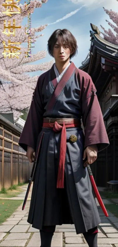 Samurai warrior under cherry blossoms in traditional attire.