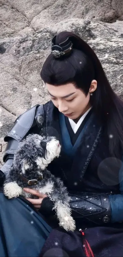 Samurai gently holding a fluffy dog, sitting against a rocky backdrop.