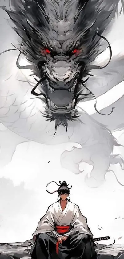 Samurai in white facing a large dragon in a dramatic art scene.