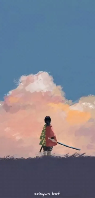 Samurai with sword under a colorful sky.