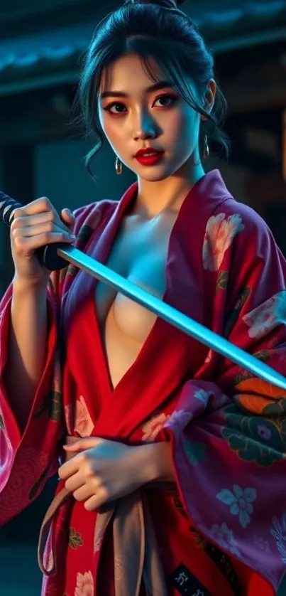 Woman in red kimono holding a katana