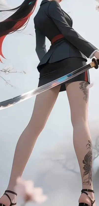 Anime samurai woman with sword in elegant pose.