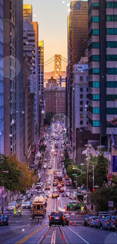 San Francisco city street at sunset with vibrant urban architecture.