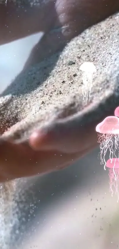 Sand flows through hand with pink jellyfish in dreamy mobile wallpaper.