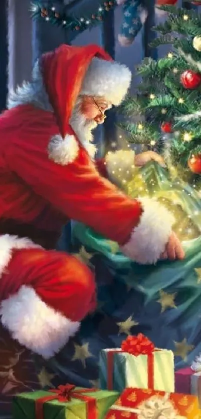 Santa placing gifts under a Christmas tree by lantern light.