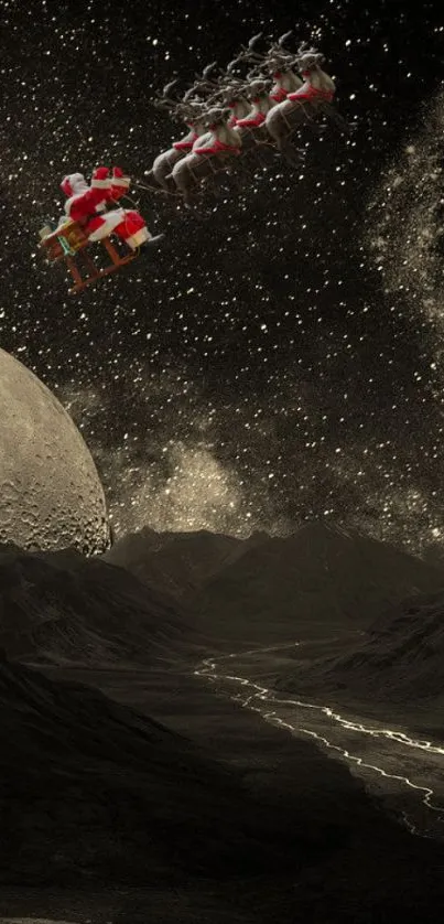 Santa flies in space over moonlit landscape, starry night wallpaper.