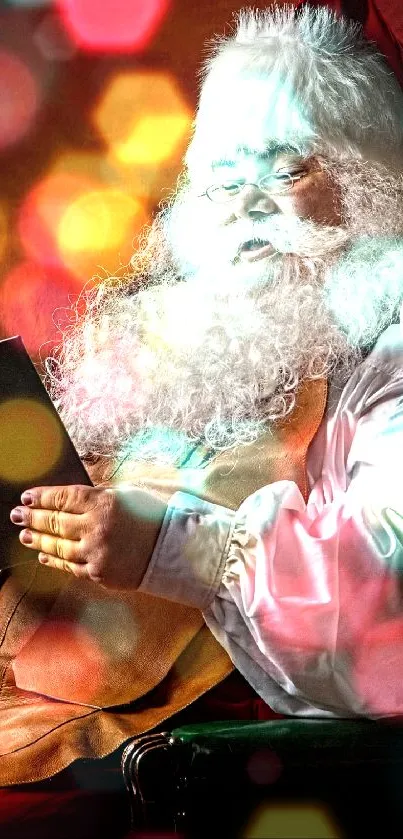 Santa Claus reading with festive colorful lights in background.