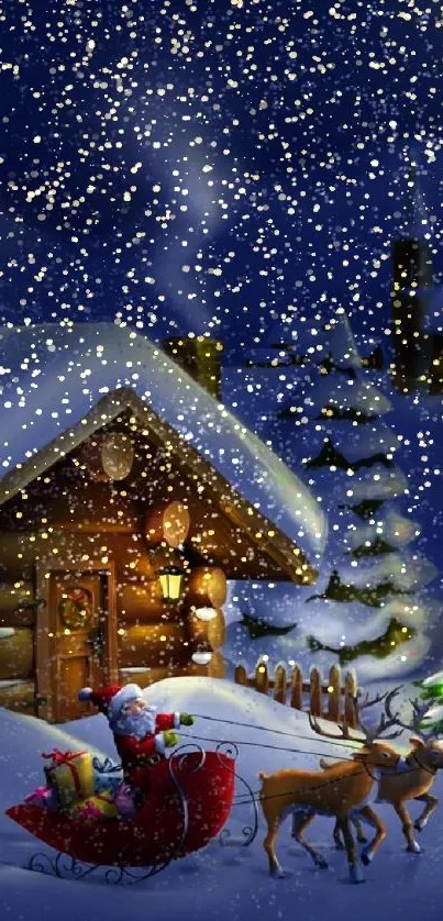 Santa Claus and reindeer outside a snowy cabin at night.