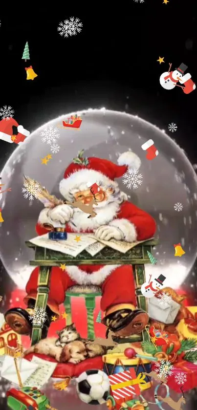 Santa Claus in a festive scene with gifts and decorations.