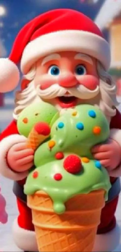 Santa enjoying ice cream in a festive Christmas scene.