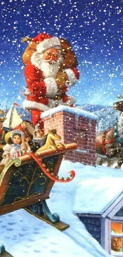 Santa Claus on a sleigh with reindeer on a snowy rooftop under a night sky.