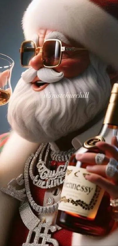 Santa Claus enjoying a festive drink with dazzling jewelry and holiday flair.