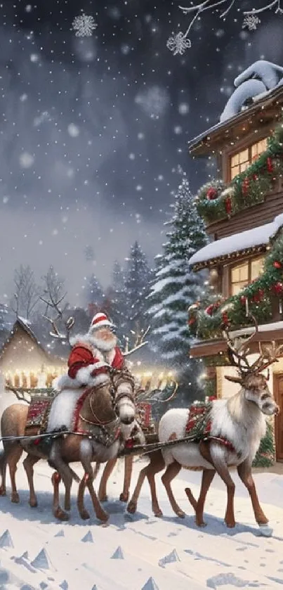 Santa rides through a snowy village with reindeer beside a decorated house.