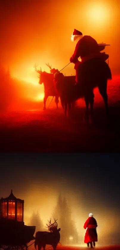 Santa's sleigh rides under a glowing red night sky.