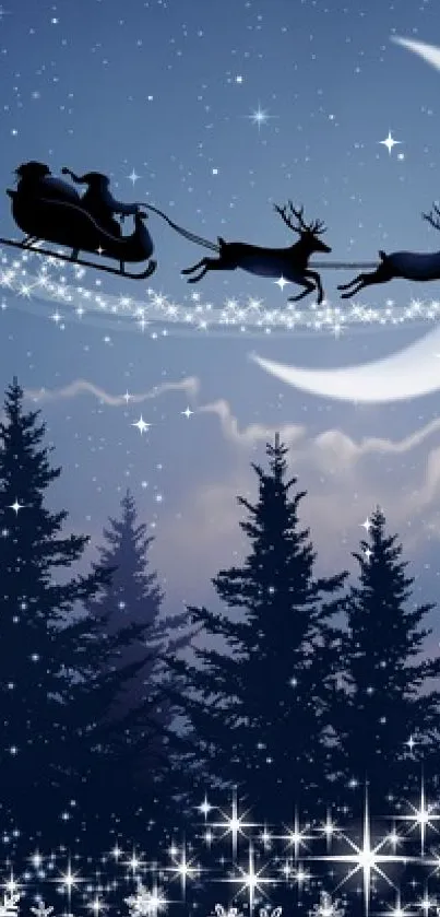 Santa's sleigh flying over moonlit trees in a Christmas scene.