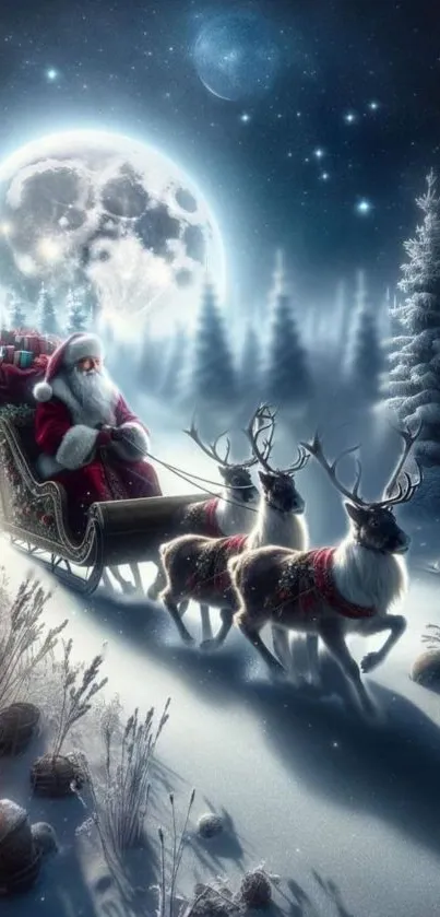 Santa's sleigh flies under a full moon in a snowy forest.