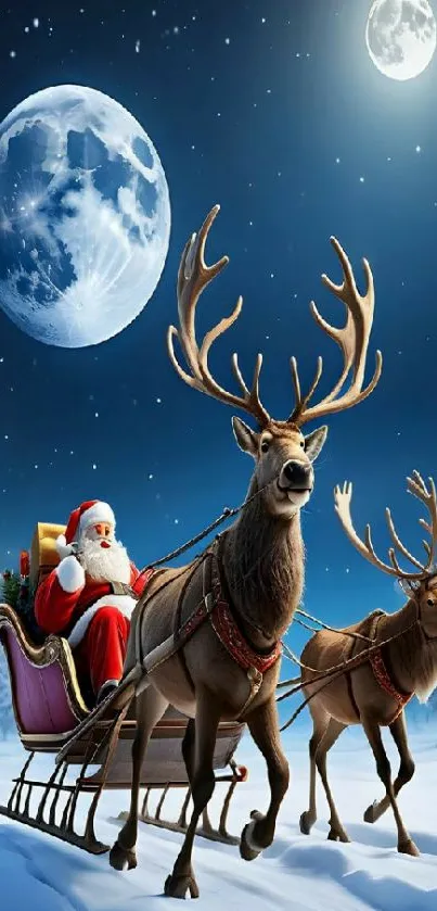 Santa's sleigh with reindeer under a moonlit sky