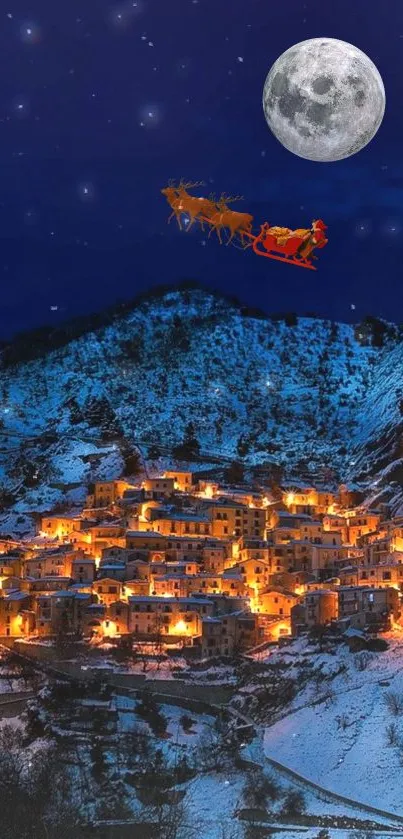 Santa flying over a snow-covered village with a bright full moon.