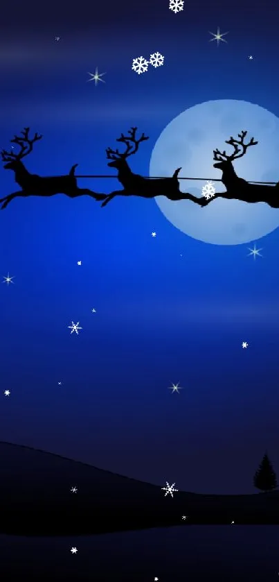 Santa's sleigh silhouette against a blue, starry and moonlit night sky wallpaper.