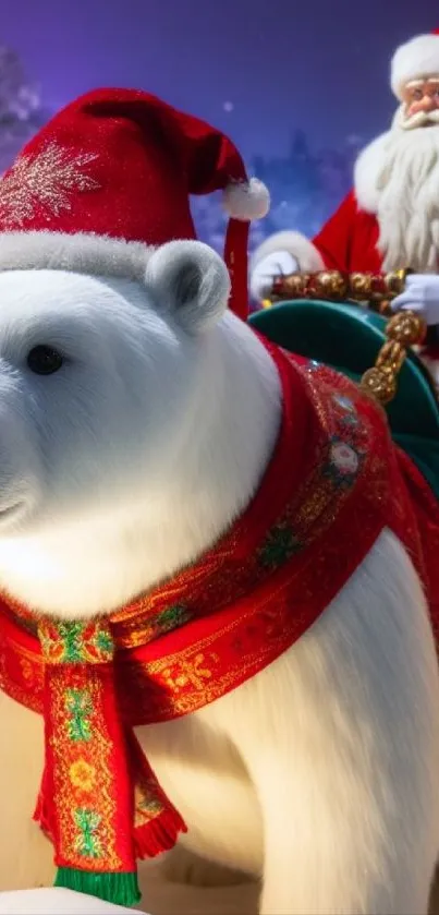 Santa rides a polar bear in a festive Christmas scene.