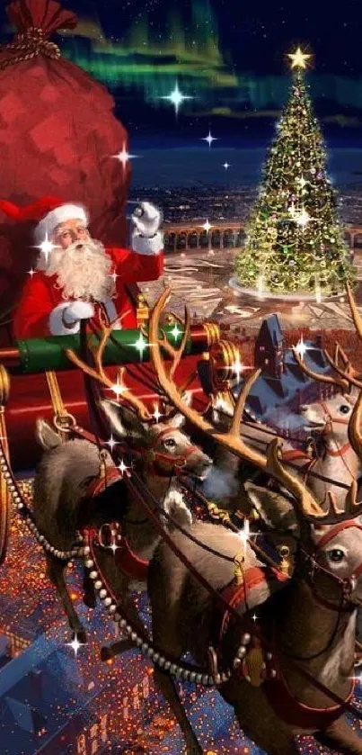 Santa's sleigh flies over a Christmas town under a starry night sky.