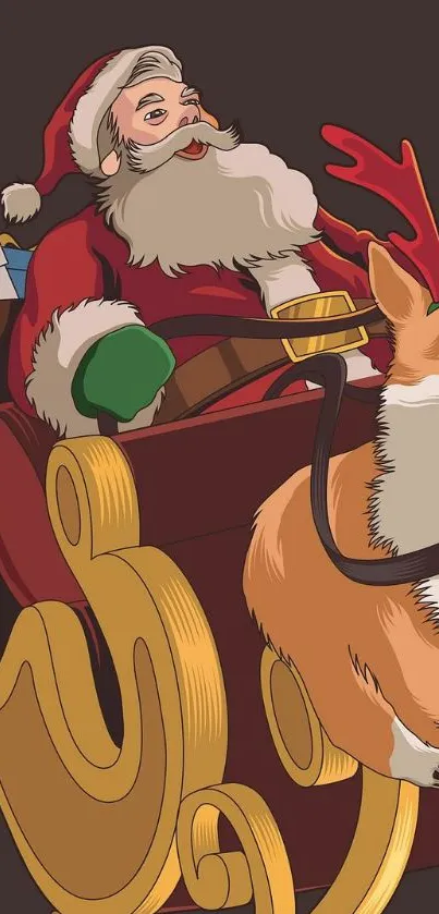 Santa in sleigh with corgi on festive wallpaper background.