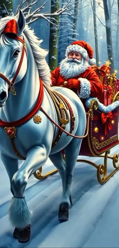 Santa Claus riding a sleigh pulled by a white horse in a snowy forest.