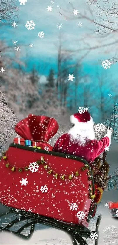 Santa's sleigh in a snowy winter forest with sunlight filtering through trees.