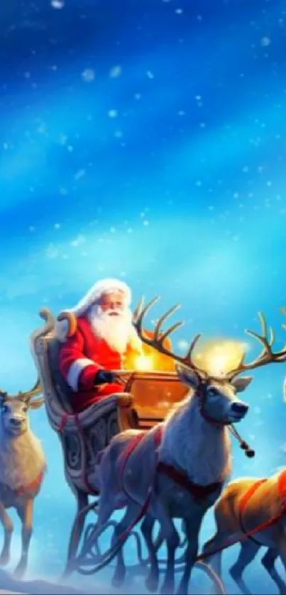 Santa Claus with sleigh and reindeer under a starry blue sky.