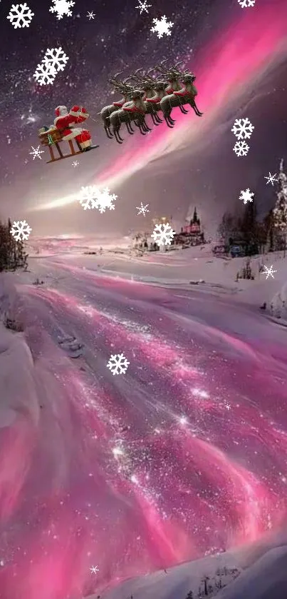 Santa flying over pink snow with reindeer and snowflakes under a starry sky.