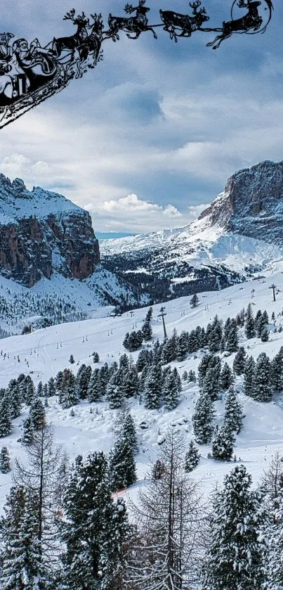 Santa's sleigh over snow-covered mountains.
