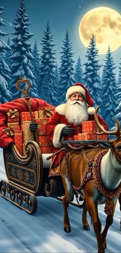 Santa Claus rides sleigh with reindeer under the moonlit sky in a snowy forest.