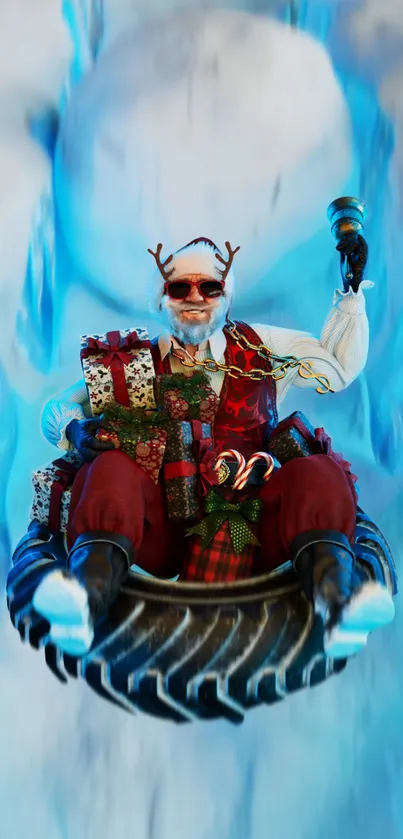 Santa Claus sliding with gifts on a blue snowy background.