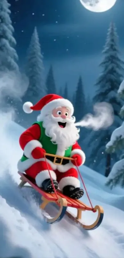 Santa Claus sledding in snowy forest.