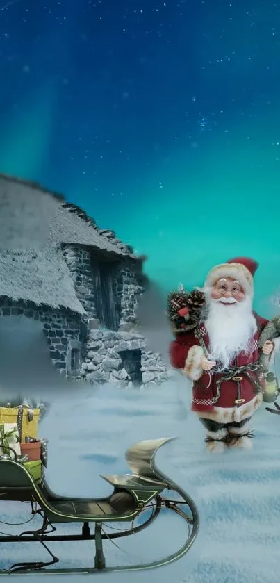Santa Claus with sleigh in snowy winter wonderland by cabin.
