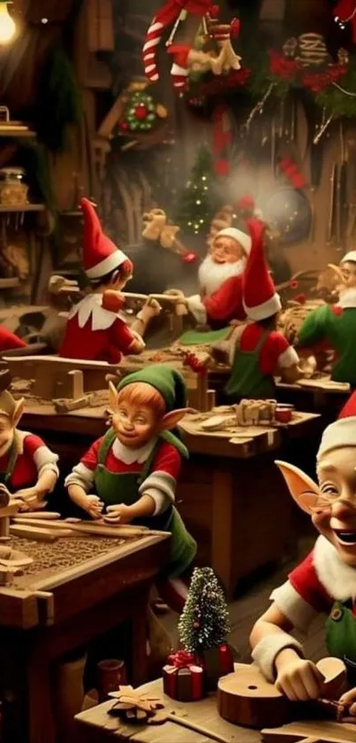 Elves working in Santa's workshop, crafting toys in a festive Christmas setting.