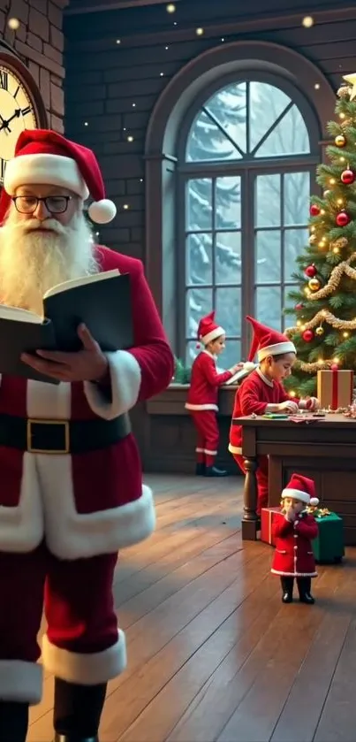 Santa reading a book in a festive workshop with elves and a Christmas tree.