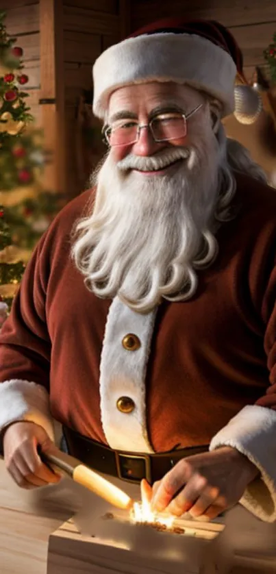 Santa in brown suit crafting toys at Christmas.