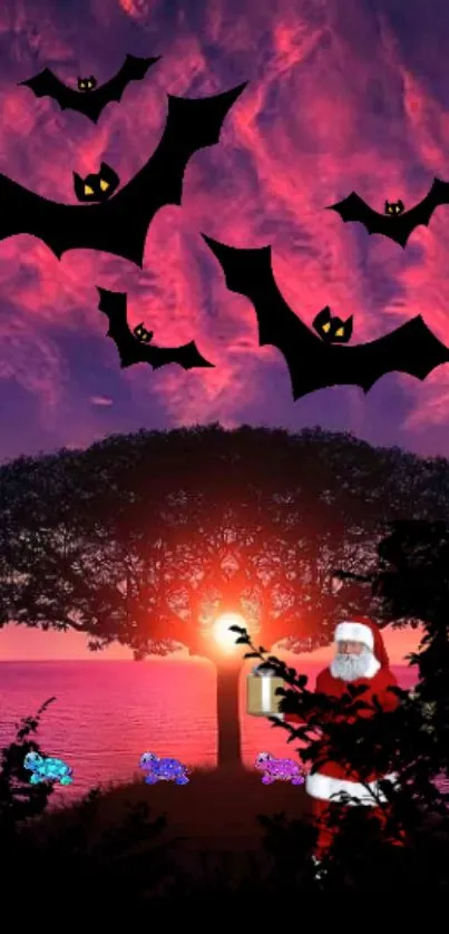 Santa with bats under a tree against a vibrant sunset background.