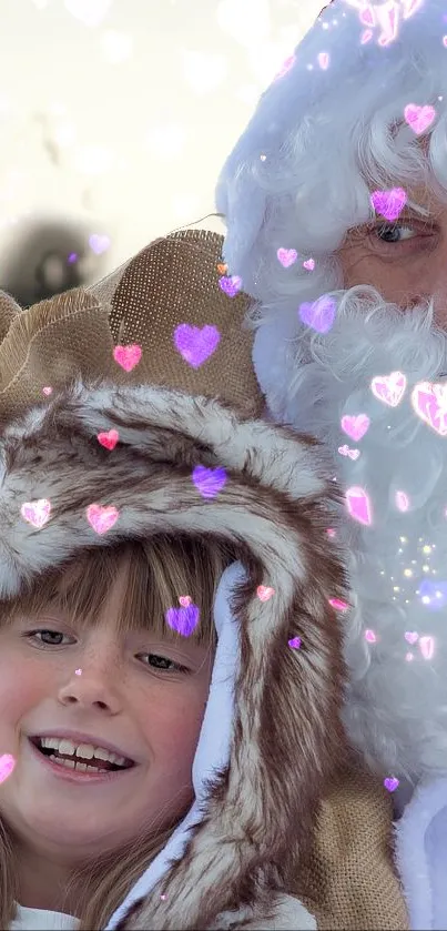 Child taking a selfie with Santa in a snowy, festive setting.
