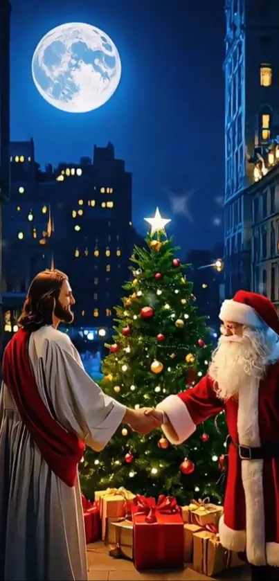 Santa and Jesus meet by a Christmas tree under the moonlight.