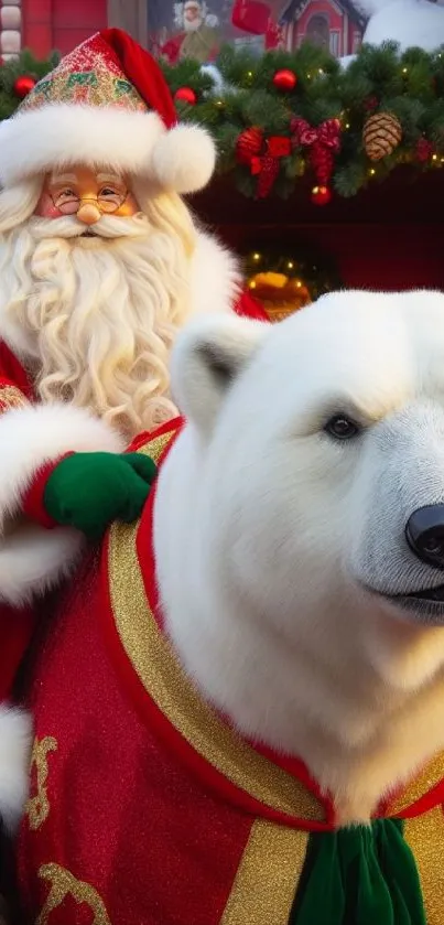 Santa with a polar bear in festive holiday attire