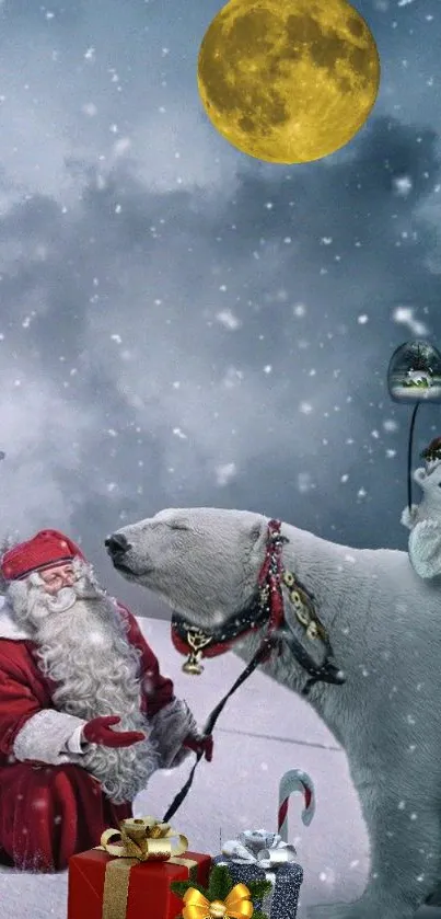 Santa with polar bear and gifts under a moonlit snowy sky.