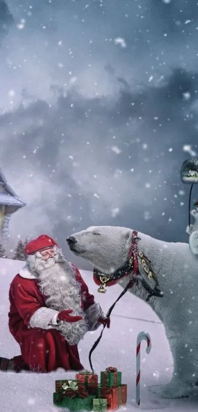 Santa kneeling by polar bear in winter snow.