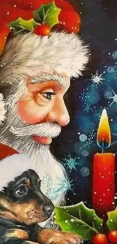 Santa with a puppy by a candle, festive Christmas art.