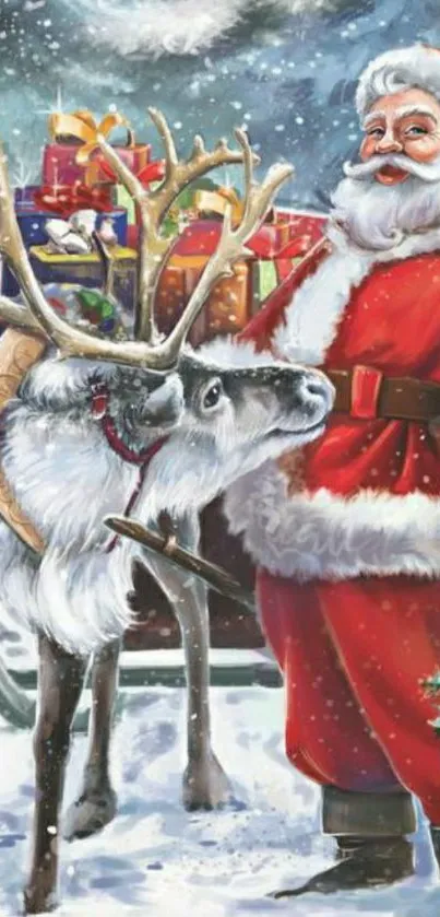 Santa Claus with reindeer in a snowy scene, festive illustration.