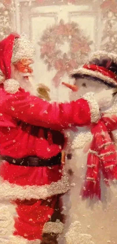 Santa Claus embraces snowman in a snowy festive scene.