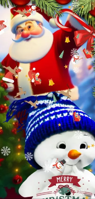 Santa and snowman festive mobile wallpaper with Christmas tree.